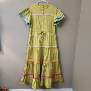 CeliaB Olive-Green Tiered Maxi Dress with Multicolor Trim